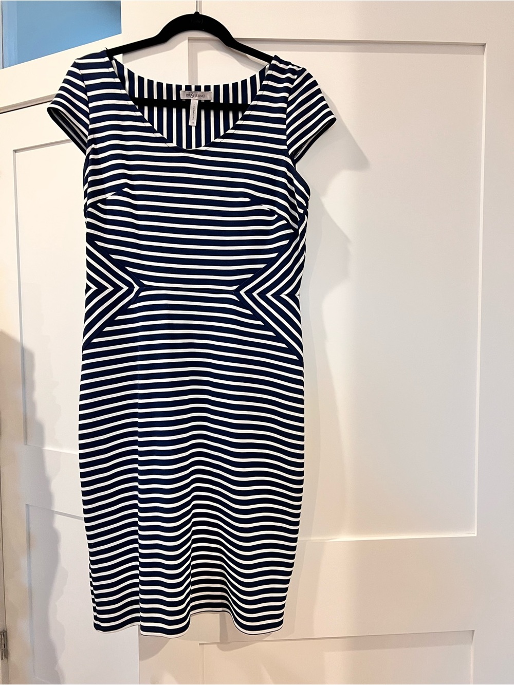 Striped Navy and White Cap Sleeve Midi Sheath Dress